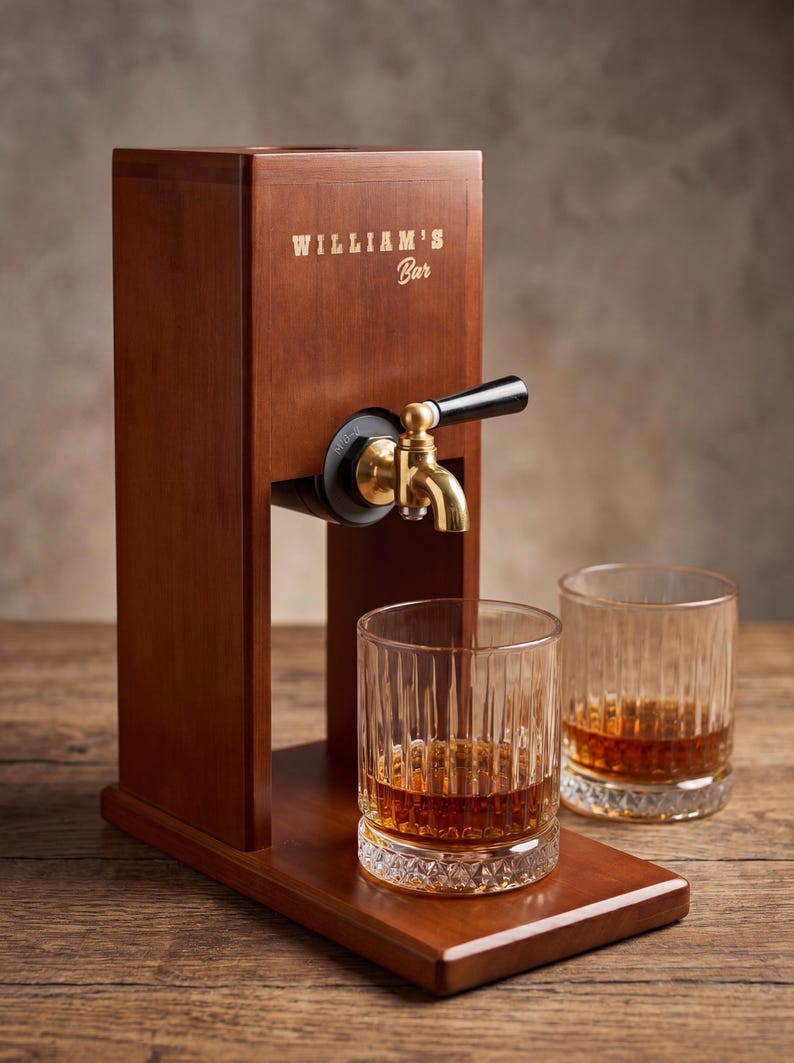 May include: A wooden liquor dispenser with the text "WILLIAM'S Bar" in gold lettering. It features a brass tap with a black handle and two glasses filled with amber liquid. The dispenser and glasses sit on a wooden surface.