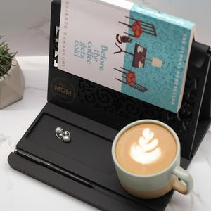 Custom Wooden Book Stand: Mug & Glasses Holder, Book Lover Gift image 11