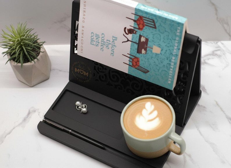 Custom Wooden Book Stand: Mug & Glasses Holder, Book Lover Gift image 11
