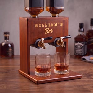 Personalized Wood Liquor Dispenser, Housewarming Gift, Personalized Dispenser, Gift for Dad, Gift for Couples, Bourbon Decanter Double Stand- Walnut