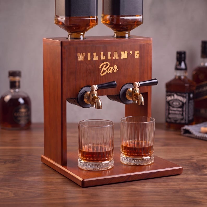 Personalized Wood Liquor Dispenser, Housewarming Gift, Personalized Dispenser, Gift for Dad, Gift for Couples, Bourbon Decanter Double Stand- Walnut