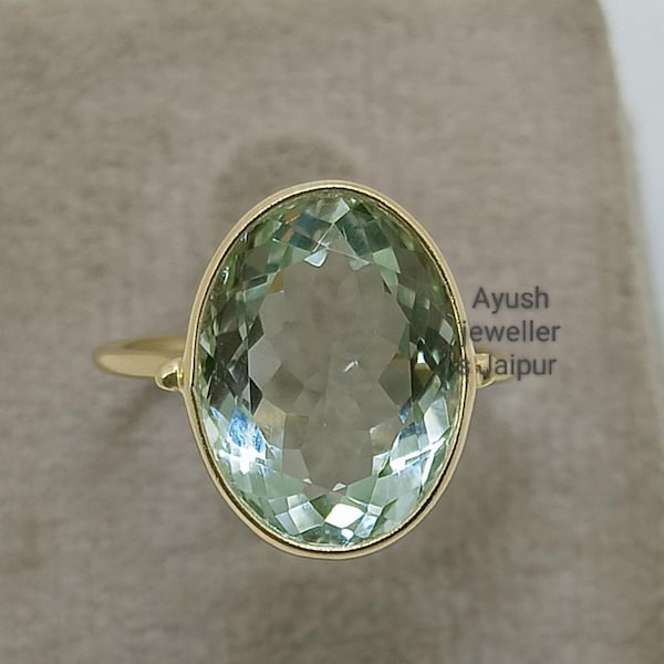 14k Yellow Gold Prasiolite Ring: Green Amethyst Solitaire Engagement