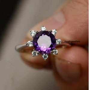 Amethyst Hello Ring 925 Sterling Silver Purple Gemstone Ring Certified Natural Birthstone Ring Amethyst Cluster Ring Gift For Her