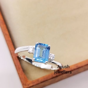 Emerald Cut London Blue Topaz Ring: 925 Sterling Silver, CZ Accents