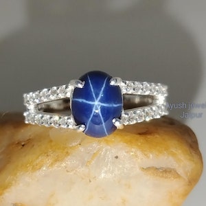 Blue Star Sapphire Ring: 925 Sterling Silver Cabochon Ring