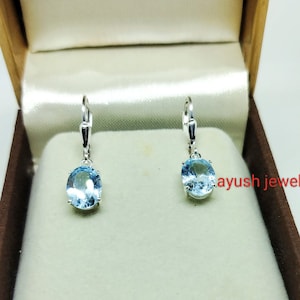 Natural Blue Topaz Earrings, Handmade Earrings, 925 Sterling Silver, Oval Sky Blue Topaz Hoop Earrings, Gift for her, Dangle-Hoop Earrings