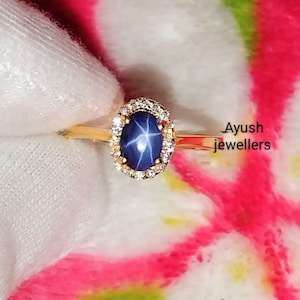Vintage Blue Lindy Star Sapphire Ring 14k Yellow gold Ring Cabochon Cluster Ring Blue Sapphire Ring Lab 6 Star Gemstone   Gift For Her