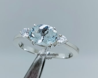 Aquamarine Gemstone Ring: Oval Cut Sterling Silver, CZ Accents