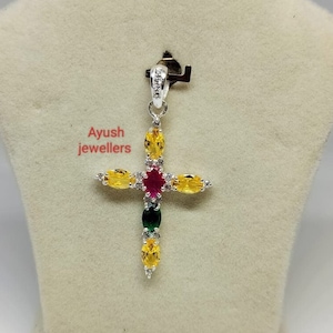 Cross Necklace yellow sapphire and Ruby and emerald pendant 925sterling silver pendant handmade Pendant gift for women