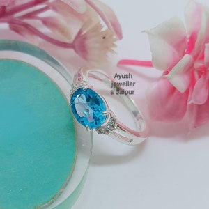 Natural Swiss Blue Topaz Ring, 2.70 carats 7*9 mm Swiss Blue Topaz Engagement Ring Electric Blue Ring, December Birthstone Gift gift for her