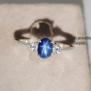 Blue Star Sapphire Ring: Oval Gemstone, Sterling Silver, CZ Diamond