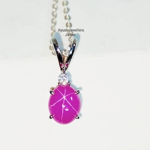 Collar con colgante de zafiro estrella rosa: ovalado de plata de ley, hecho a mano