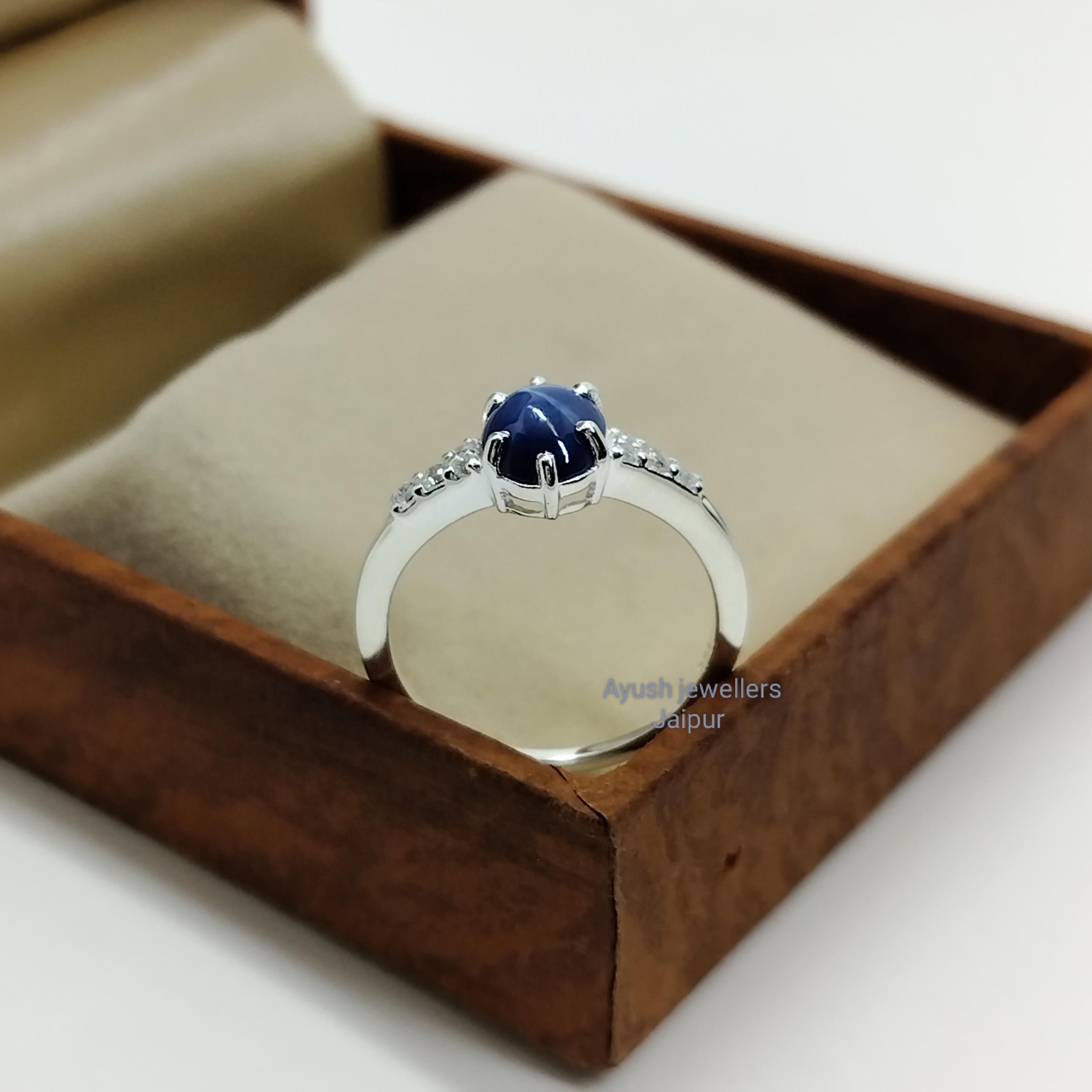 Bague Fiançailles Saphir étoile Bleu Argent 925 – Ovale Naturelle – Fait Main Inde