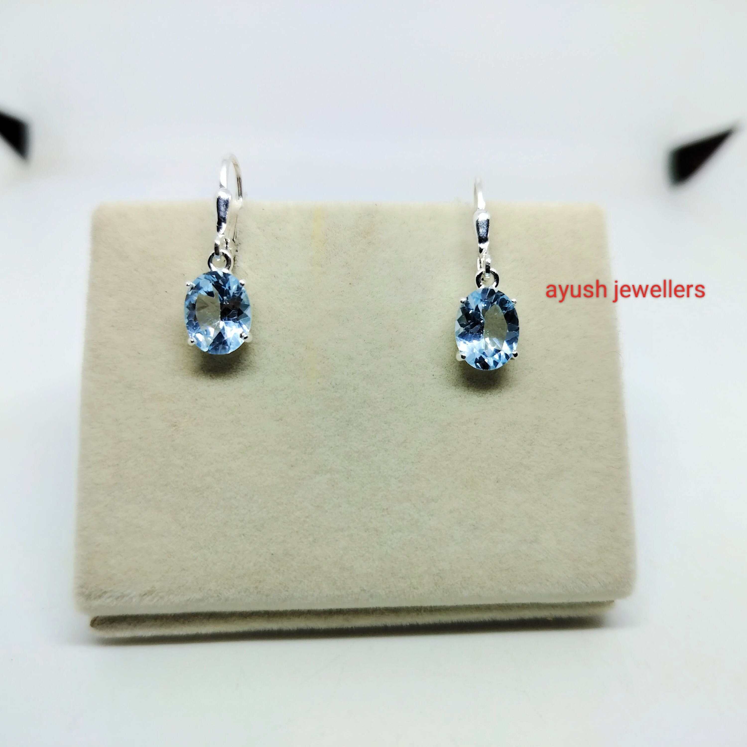 Boucles D'oreilles Créoles En Argent 925 Avec Topaze Bleue Naturelle Et Diamant