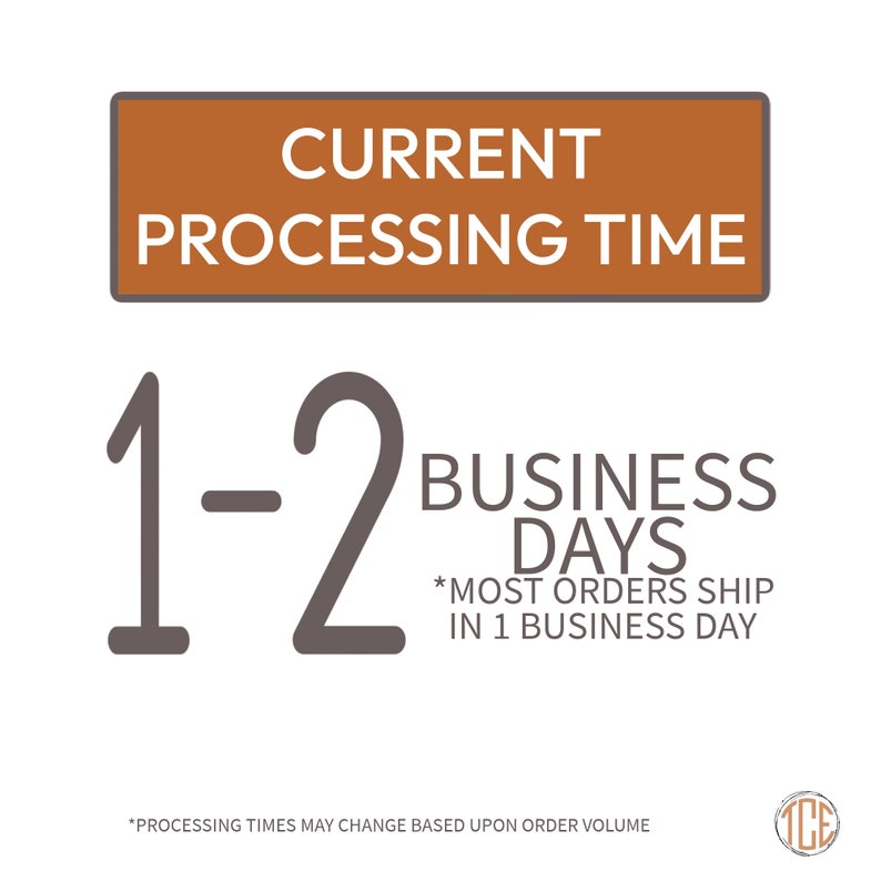 May include: A brown rectangle with the text "CURRENT PROCESSING TIME" in white. Below the rectangle is the text "1-2 BUSINESS DAYS" in gray. The text "*MOST ORDERS SHIP IN 1 BUSINESS DAY" is in smaller gray text below the main text.