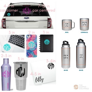 May include: A variety of personalized items with monogrammed initials in turquoise blue.  The items include a car decal, a laptop sticker, a phone case, a notebook, a water bottle, a tumbler, and a tote bag.  The sizes of the items are listed in inches.