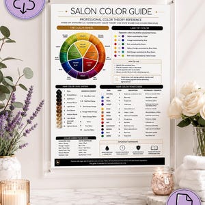 May include: A white educational poster titled Salon Color Guide featuring a colour wheel, hair colour level system, hair colour tone codes, and colour correction guide. The chart includes text explaining professional colour theory and neutralisation.
