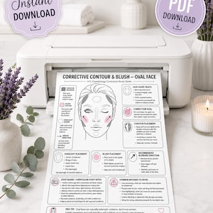 May include: A printed study guide titled Corrective Contour & Blush - Oval Face emerging from a white printer. The document features a line drawing of a face with shaded areas for contour, blush, and highlight, along with text instructions.