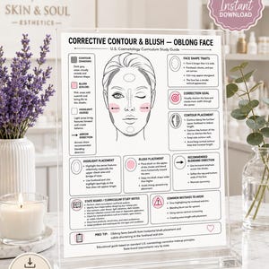 May include: A clear acrylic sign displaying a corrective contour and blush study guide for an oblong face. The white instructional sheet features a central line drawing of a face with pink and gray shading, alongside text detailing makeup techniques.