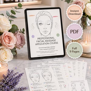 Peut inclure: Une tablette numérique affichant un guide de cours professionnel de massage facial, accompagnée de plusieurs pages imprimées présentant des schémas du visage, du texte et des techniques de massage étape par étape.