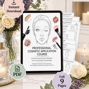 May include: A digital tablet displaying a Professional Cosmetic Application Course with a line-art face diagram, makeup illustrations, and text. Beside it are printed pages labeled Application Zones, Tools & Skin Prep, and more, totaling 9 pages.