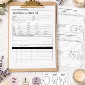 May include: A client chemical record file and technical formulation mix sheet printed on white paper. The documents feature sections for hair analysis, scalp condition, allergy notes, and treatment history, including diagrams of a human head.