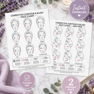 May include: Two white paper sheets featuring Corrective Contour & Blush Face Charts with black line drawings of various face shapes. The charts include diagrams for front and side views, colour-coded legends for contour, blush, and highlight application.