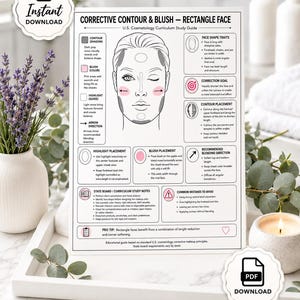 May include: A white educational study guide titled Corrective Contour & Blush - Rectangle Face. The document features a line drawing of a face with shaded areas for contour, blush, and highlight, alongside text explaining makeup application techniques.