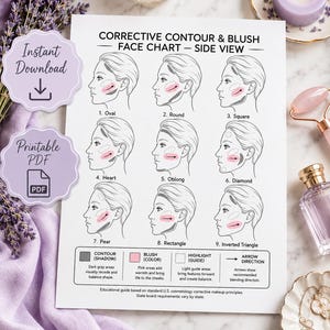 May include: A white instructional face chart titled Corrective Contour & Blush Face Chart - Side View, featuring nine black and white line drawings of side-profile faces with grey contour, pink blush, and white highlight areas and directional arrows.