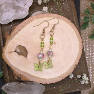 Garden goddess butterfly earrings—green dainty beaded dangle earrings