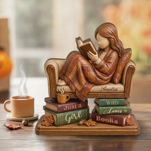 May include: A figurine of a person reading a book while sitting on a couch, draped in a brown plaid blanket. The couch base features the name Amelia. Stacked books underneath read Just a Girl Who Loves Books. A small mug sits on the books.