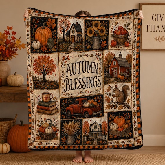 Fall Quilt Blanket, Rustic Patchwork Pumpkin Blankets, Thanksgiving Throw, Farmhouse Decor Cozy Autumn Gift Fall Harvest Sunflower Halloween