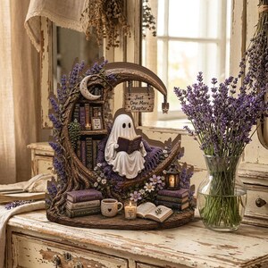 May include: A decorative crescent moon sculpture featuring a white ghost reading a book, surrounded by purple lavender, miniature bookshelves, stacks of books, a small lantern, a candle, and a sign that reads Just One More Chapter.