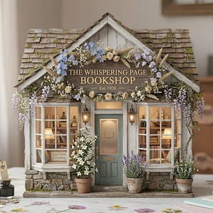 May include: A miniature bookshop model with a weathered wood shingle roof and stone facade. The sign reads "The Whispering Page Bookshop, Est. 1928," adorned with floral arrangements. The shop features lit windows, a teal door, and potted plants.