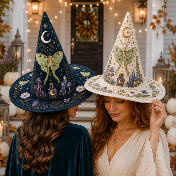 Quilted Witch Hat, Celestial Luna Moth Halloween Decor, Witchy Costume Accessory, Cottagecore Witchcore Gift for Her Women, Dark Academia