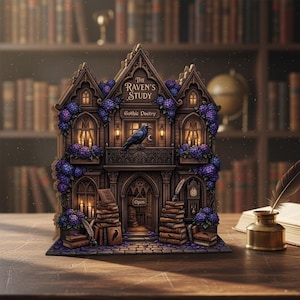 May include: A wooden miniature of "The Raven's Study," a gothic-style building with "Gothic Poetry" text. The building features a raven, purple floral accents, and stacks of books. The open door reveals a glimpse of the interior.