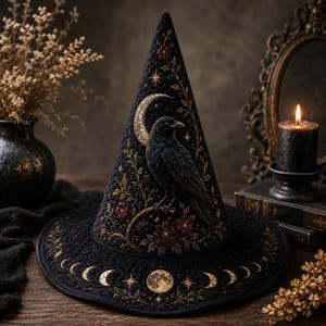 May include: A black pointed hat featuring intricate gold and dark floral embroidery, a central raven perched on a branch, and a crescent moon. The wide brim displays a detailed lunar cycle pattern with gold stars and a full moon at the front center.