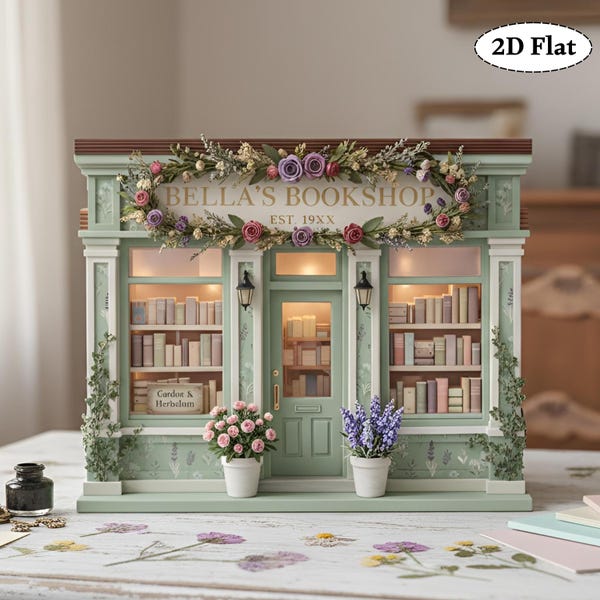 Personalized Bookshop Sign, Miniature Wooden Bookstore Decor, Custom Name Bookshelf Sitter, Floral Cottagecore Librarian Gift for Book Lover