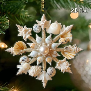 2D FLAT Coastal Christmas Seashell Snowflake Ornament, Aqua Crushed Glass, Starfish, Beachy Xmas Keepsake, Shells Holiday Decoration Gift