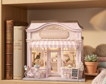 Kawaii Cat Cafe  Wooden Block, Pastel Miniature Coffee Shop Desk Decor, Cute Cat Lover Gift, Cozy Room Diorama Sign for Birthday