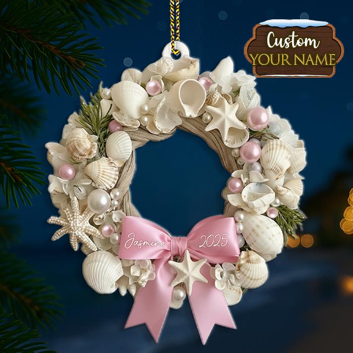 Custom Shell Wreath 2D FLAT Custom Coastal Christmas Wreath Ornament, Pink Aqua Crushed ...