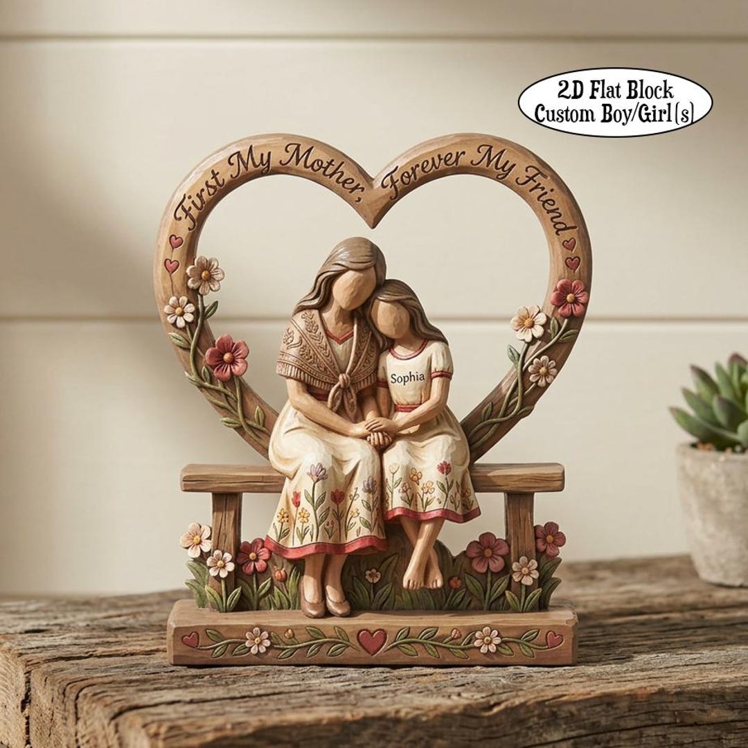 Personalized Mother Daughter Wooden Sculpture, Custom Mom Gift from Daughter, Heart Keepsake Decor, Birthday Mothers Day Gifts Wood Block