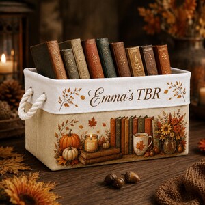 May include: A rectangular fabric storage bin with white rope handles, featuring the text Emma's TBR. The exterior displays a printed autumn scene with pumpkins, books, a candle, a mug, and sunflowers. Inside, a row of vintage-style books stands upright.