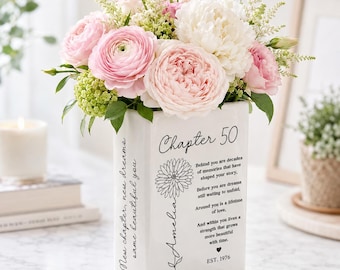 50th Birthday Women Gift for Her Turning 50, Custom Birth Month Flower Book Vase