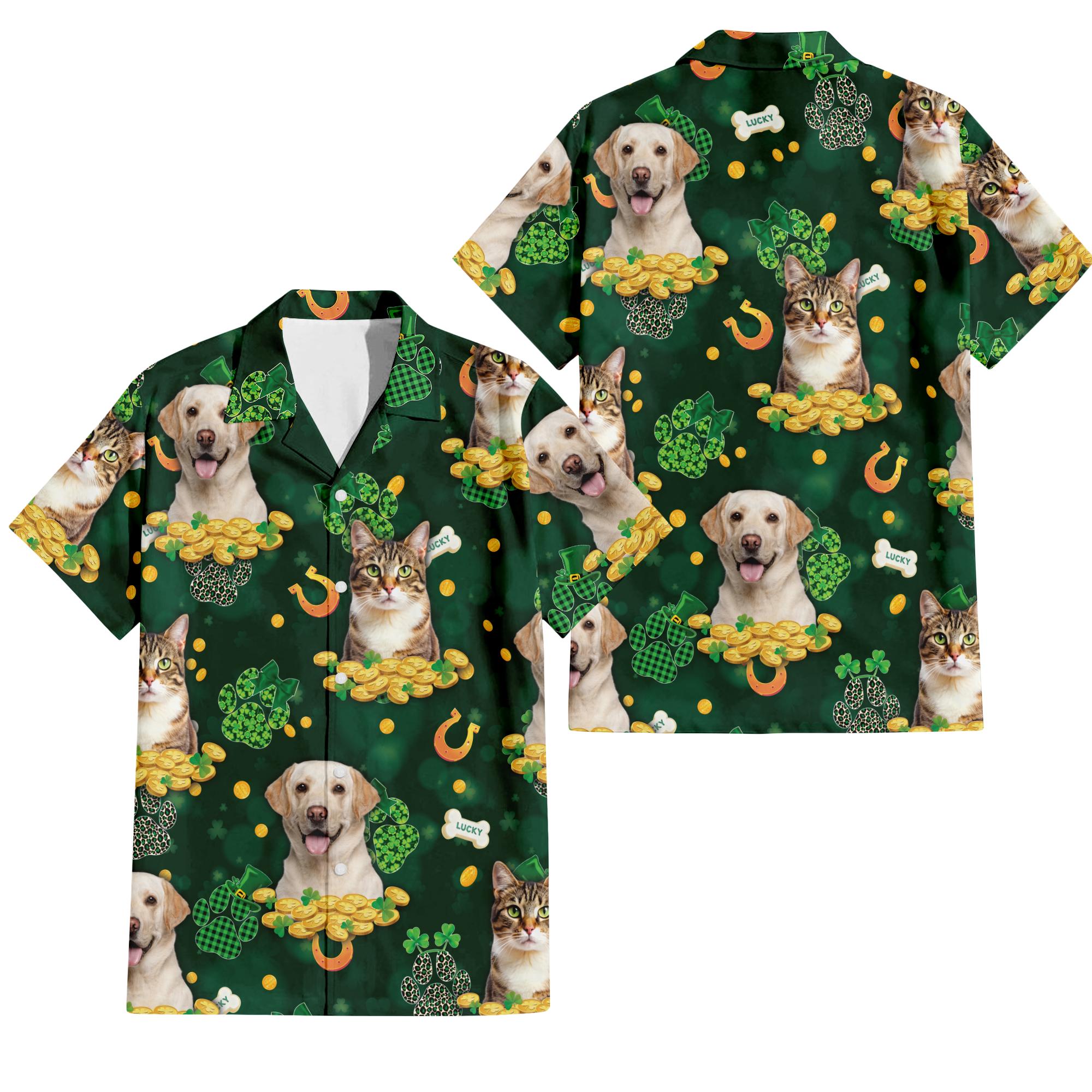 Discover Custom Dog & Cat Face Funny Happy St Patrick's Day Hawaiian Shirt