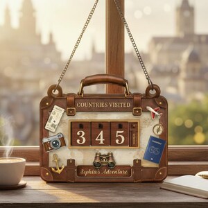 May include: A brown suitcase-shaped wall decor with the words "Countries Visited" and the number "345" displayed. The decor includes travel-themed embellishments like a camera, passport, and airplane. The name "Sophia's Adventure" is also displayed.