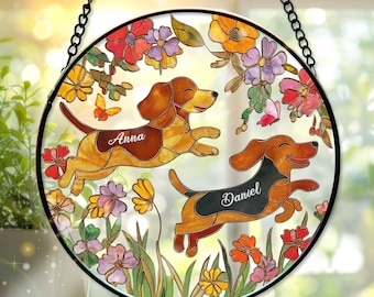 Custom Name Couple Dachshunds Glass Suncatcher, Dachshund Mom Window Hanging, Wiener Dog Sun Catcher, Pet Lover Gift, Sausage Dog Home Decor