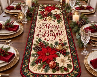 Quilted Christmas Table Runner, Custom Quilt Poinsettia Holiday Dining Decor, Housewarming Gift, Hostess Gifts