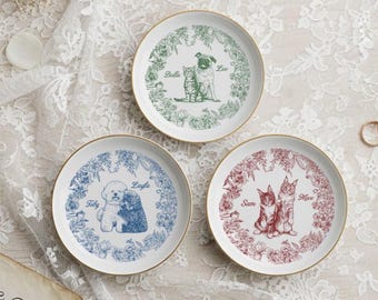 Custom Pet Portrait Jewelry Dish, Personalized Dog Breeds Chinoiserie Toile De Jouy Style Ring Tray Gift for Cat Lover, Dog Mom Trinket Dish