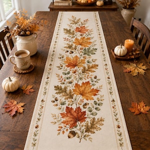 Maple Leaf Table Runner, Cozy Autumn Pumpkin Thanksgiving Decor, Cottagecore Linen House Warming Gift, Vintage Home Decorations Fall Leaves